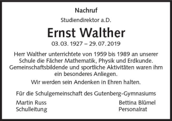 Traueranzeige von Ernst Walther von vrm-trauer