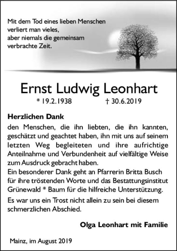 Traueranzeige von Ernst Ludwig Leonhart von vrm-trauer