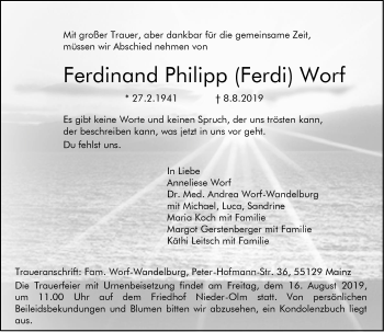Traueranzeige von Ferdinand Philipp  Worf von vrm-trauer