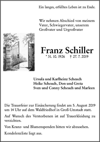 Traueranzeige von Franz Schiller von vrm-trauer