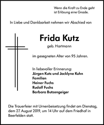 Traueranzeige von Frida Kutz von vrm-trauer