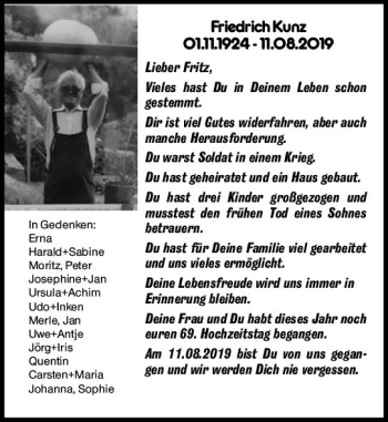 Traueranzeige von Friedrich Kunz von vrm-trauer