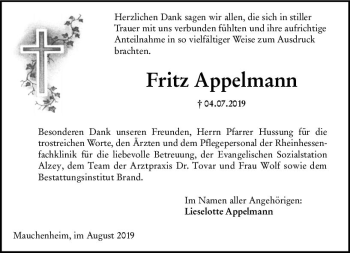 Traueranzeige von Fritz Appelmann von vrm-trauer