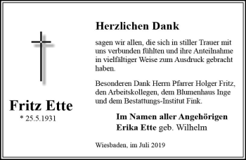 Traueranzeige von Fritz Ette von vrm-trauer
