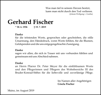 Traueranzeige von Gerhard Fischer von vrm-trauer