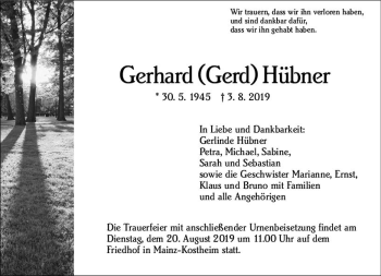 Traueranzeige von Gerhard Hübner von vrm-trauer