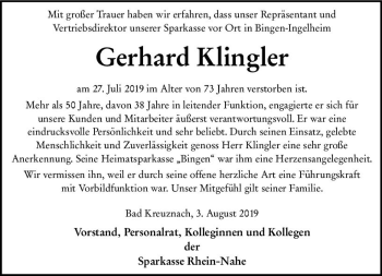 Traueranzeige von Gerhard Klingler von vrm-trauer
