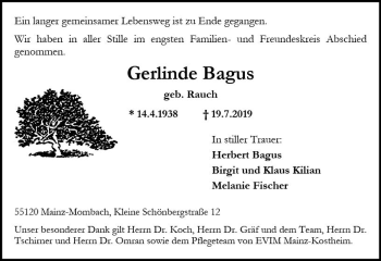 Traueranzeige von Gerlinde Bagus von vrm-trauer