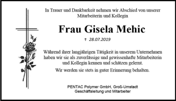 Traueranzeige von Gisela Mehic von vrm-trauer
