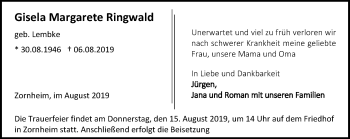 Traueranzeige von Gisela Margarete Ringwald von vrm-trauer