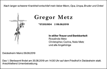 Traueranzeige von Gregor Metz von vrm-trauer