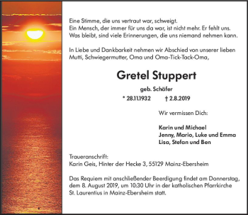 Traueranzeige von Gretel Stuppert von vrm-trauer