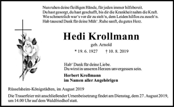 Traueranzeige von Hedi Krollmann von vrm-trauer