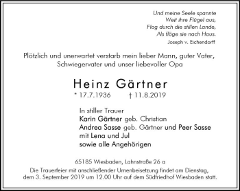 Traueranzeige von Heinz Gärtner von vrm-trauer