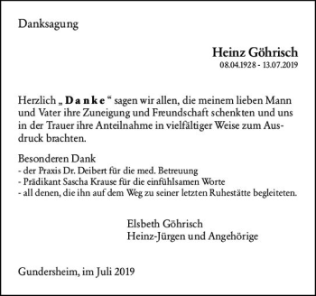 Traueranzeige von Heinz Göhrisch von vrm-trauer