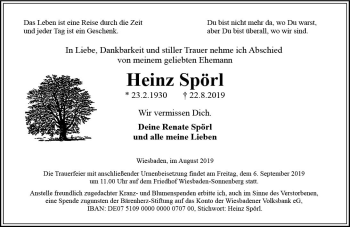 Traueranzeige von Heinz Spörl von vrm-trauer