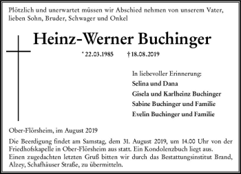 Traueranzeige von Heinz-Werner Buchinger von vrm-trauer