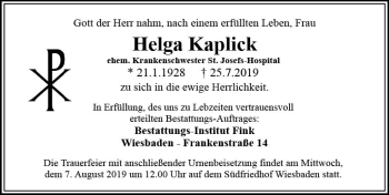 Traueranzeige von Helga Kaplick von vrm-trauer