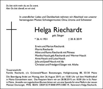 Traueranzeige von Helga Riechardt von vrm-trauer