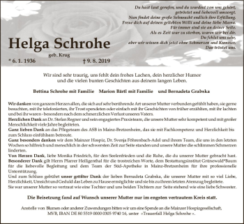 Traueranzeige von Helga Schrohe von vrm-trauer