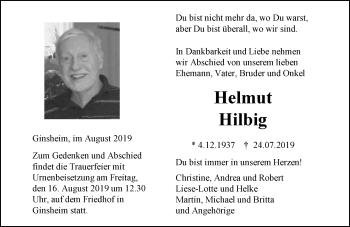 Traueranzeige von Helmut Hilbig von vrm-trauer