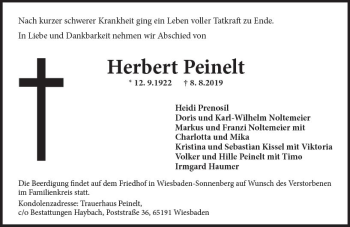 Traueranzeige von Herbert Peinelt von vrm-trauer