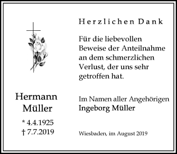 Traueranzeige von Hermann Müller von vrm-trauer