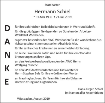 Traueranzeige von Hermann Schiel von vrm-trauer