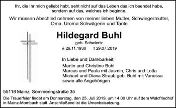 Traueranzeige von Hildegard Buhl von vrm-trauer