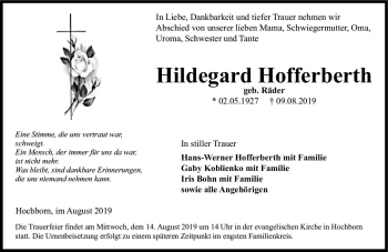 Traueranzeige von Hildegard Hofferberth von vrm-trauer