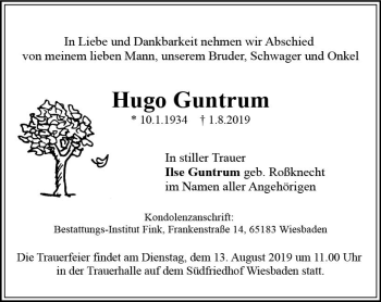 Traueranzeige von Hugo Guntrum von vrm-trauer