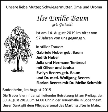 Traueranzeige von Ilse Emilie Baum von vrm-trauer