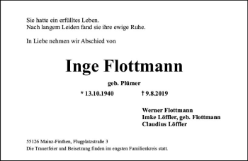 Traueranzeige von Inge Flottmann von vrm-trauer