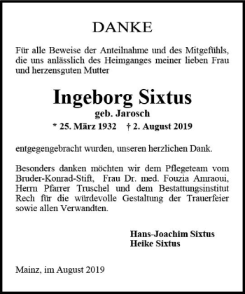 Traueranzeige von Ingeborg Sixtus von vrm-trauer