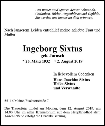 Traueranzeige von Ingeborg Sixtus von vrm-trauer