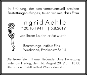 Traueranzeige von Ingrid Aehle von vrm-trauer