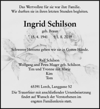 Traueranzeige von Ingrid Schilson von vrm-trauer
