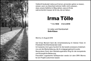 Traueranzeige von Irma Tölle von vrm-trauer