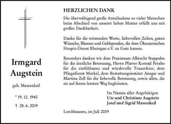 Traueranzeige von Irmgard Augstein von vrm-trauer