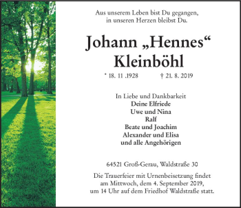Traueranzeige von Johann Kleinböhl von vrm-trauer