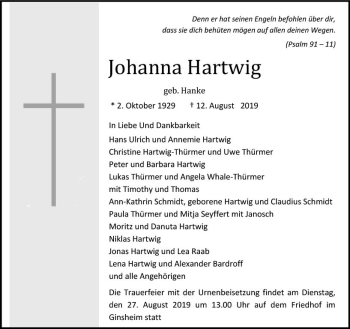 Traueranzeige von Johanna Hartwig von vrm-trauer