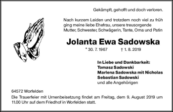 Traueranzeige von Jolanta Ewa Sadowska von vrm-trauer