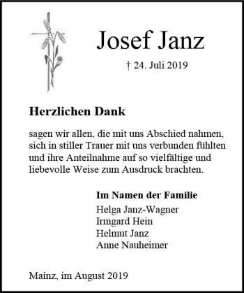 Traueranzeige von Josef Janz von vrm-trauer