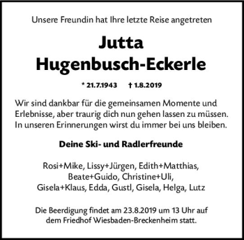 Traueranzeige von Jutta Hugenbusch-Eckerle von vrm-trauer