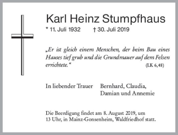 Traueranzeige von Karl Heinz Stumpfhaus von vrm-trauer