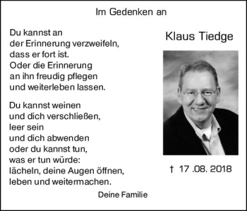 Traueranzeige von Klaus Tiedge von vrm-trauer