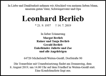 Traueranzeige von Leonhard Berlieb von vrm-trauer