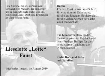 Traueranzeige von Lieselotte Faust von vrm-trauer