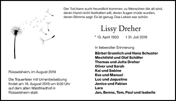 Traueranzeige von Lissy Dreher von vrm-trauer