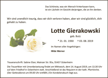 Traueranzeige von Lotte Gierakowski von vrm-trauer